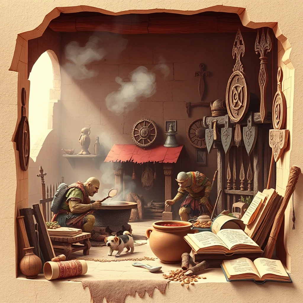 Image A of the puzzle: orcish stronghold interior with carved wooden shields and spears