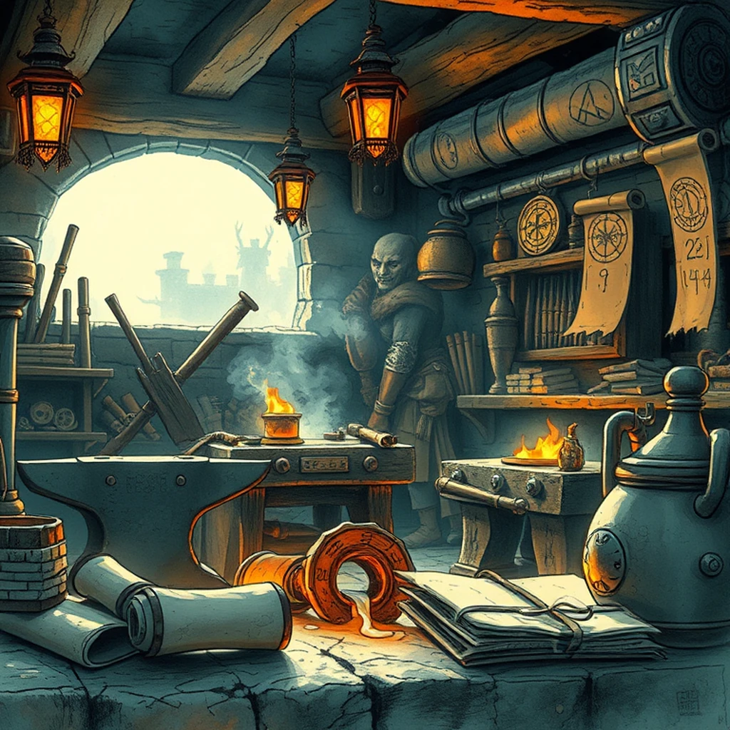 Image A of the puzzle: orcish weaponsmith forge with glowing embers and iron anvils