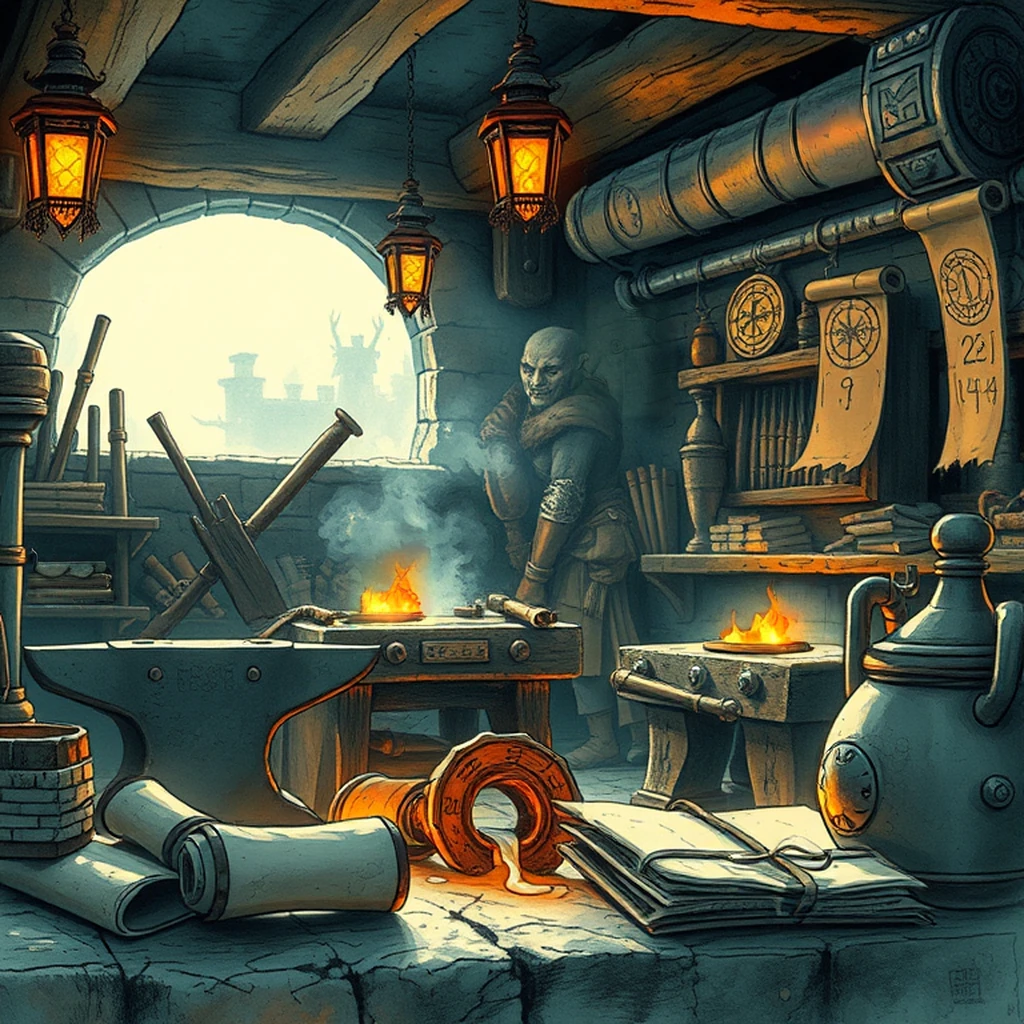 Image B of the puzzle: orcish weaponsmith forge with glowing embers and iron anvils