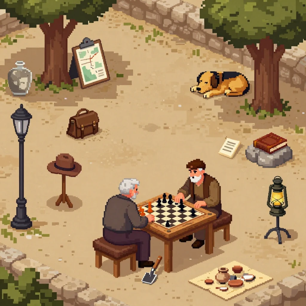 Ottoman-era Istanbul archaeological dig site where two old friends reach a chess game checkmate, windy day with fluttering cloth and flying leaves