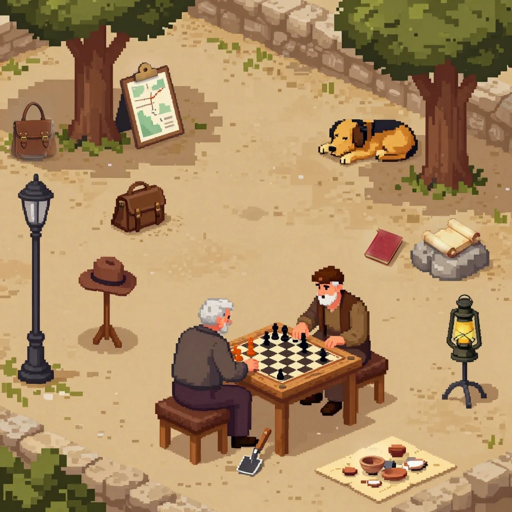 Image B of the puzzle: Ottoman-era Istanbul archaeological dig site where two old friends reach a chess game checkmate, windy day with fluttering cloth and flying leaves