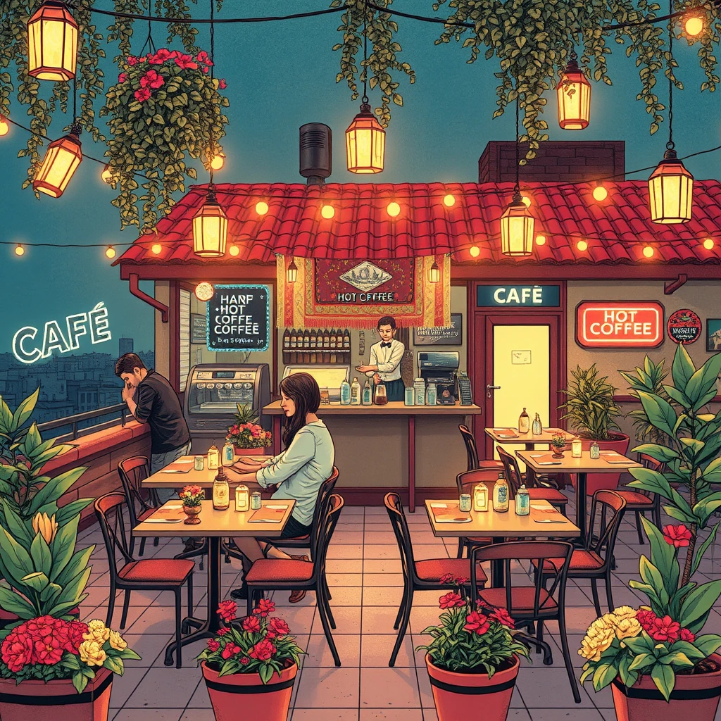 peruvian city rooftop garden cafe with hanging plants and strings of lights