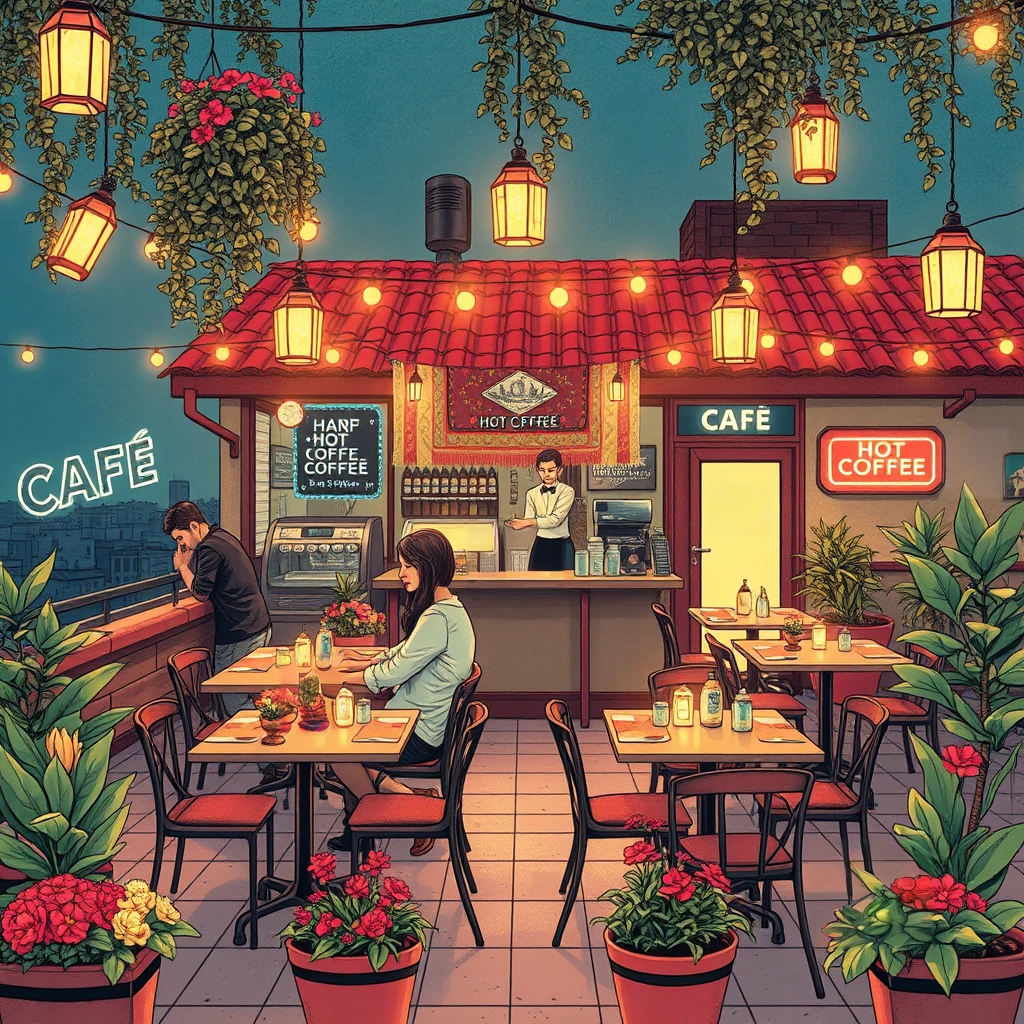 Image B of the puzzle: peruvian city rooftop garden cafe with hanging plants and strings of lights