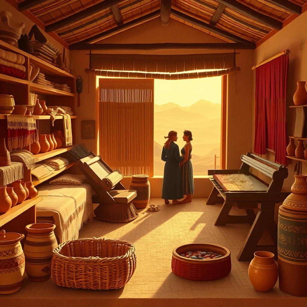 Image B of the puzzle: Pre-Columbian Andean weaver's hut with looms and dye pots