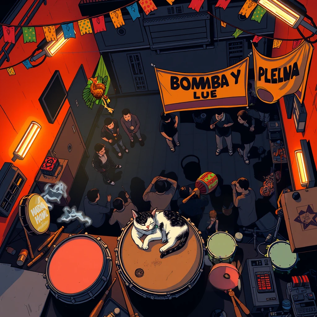 Image B of the puzzle: puerto rican bomba y plena performance hall with colorful flags and drums