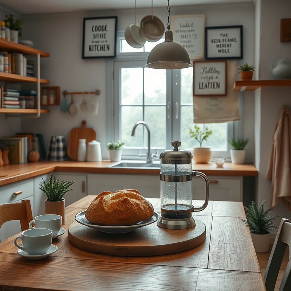 Image A of the puzzle: Rainy Sunday morning kitchen with sourdough loaf and french press coffee