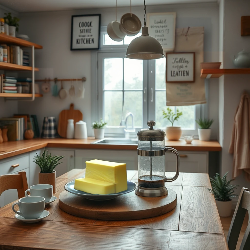 Image B of the puzzle: Rainy Sunday morning kitchen with sourdough loaf and french press coffee