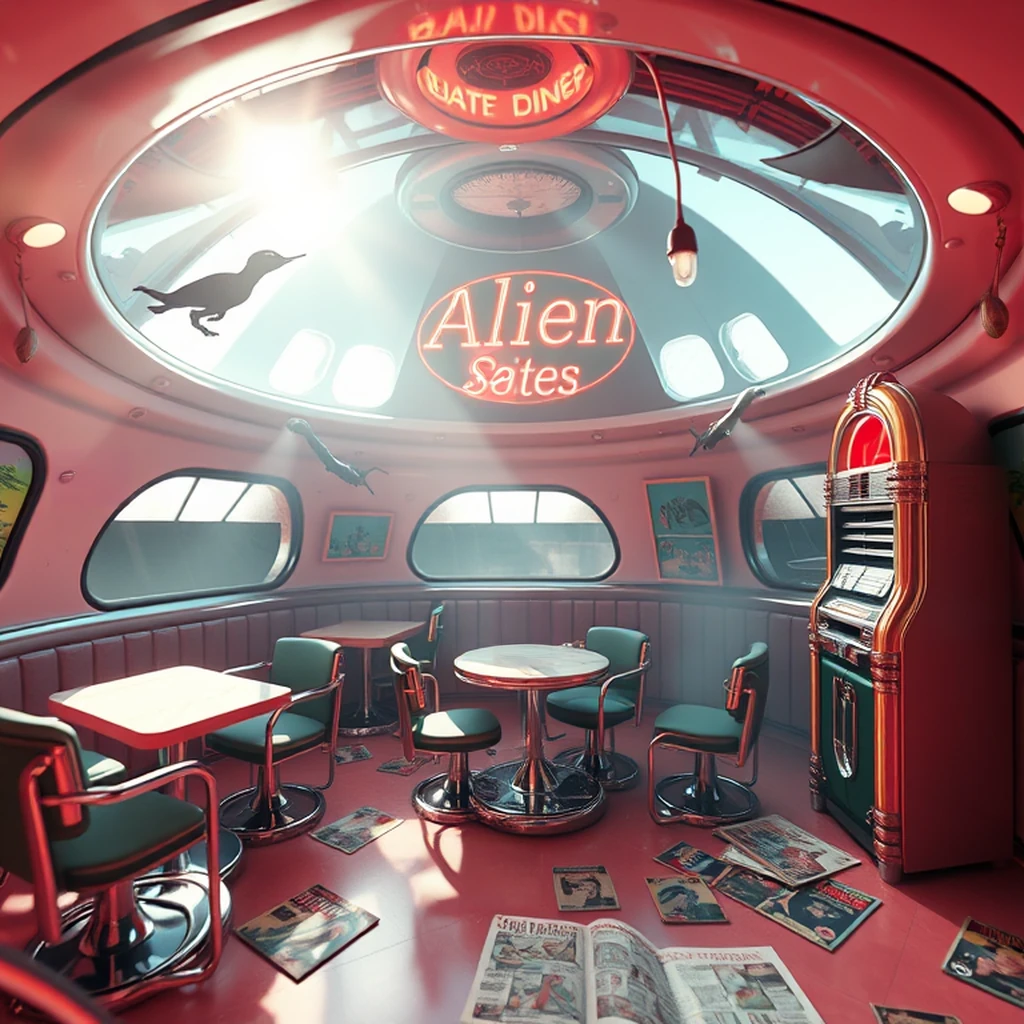 Image B of the puzzle: retro scifi 1950s diner in a flying saucer with levitating chairs