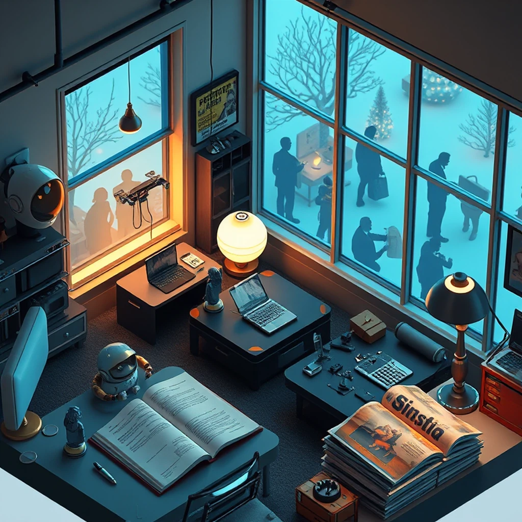 Image A of the puzzle: retro scifi home office from the 1960s with futuristic gadgets