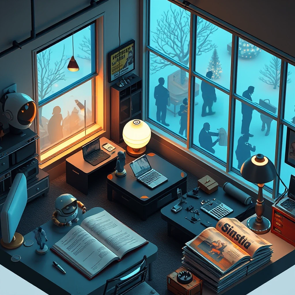 Image B of the puzzle: retro scifi home office from the 1960s with futuristic gadgets