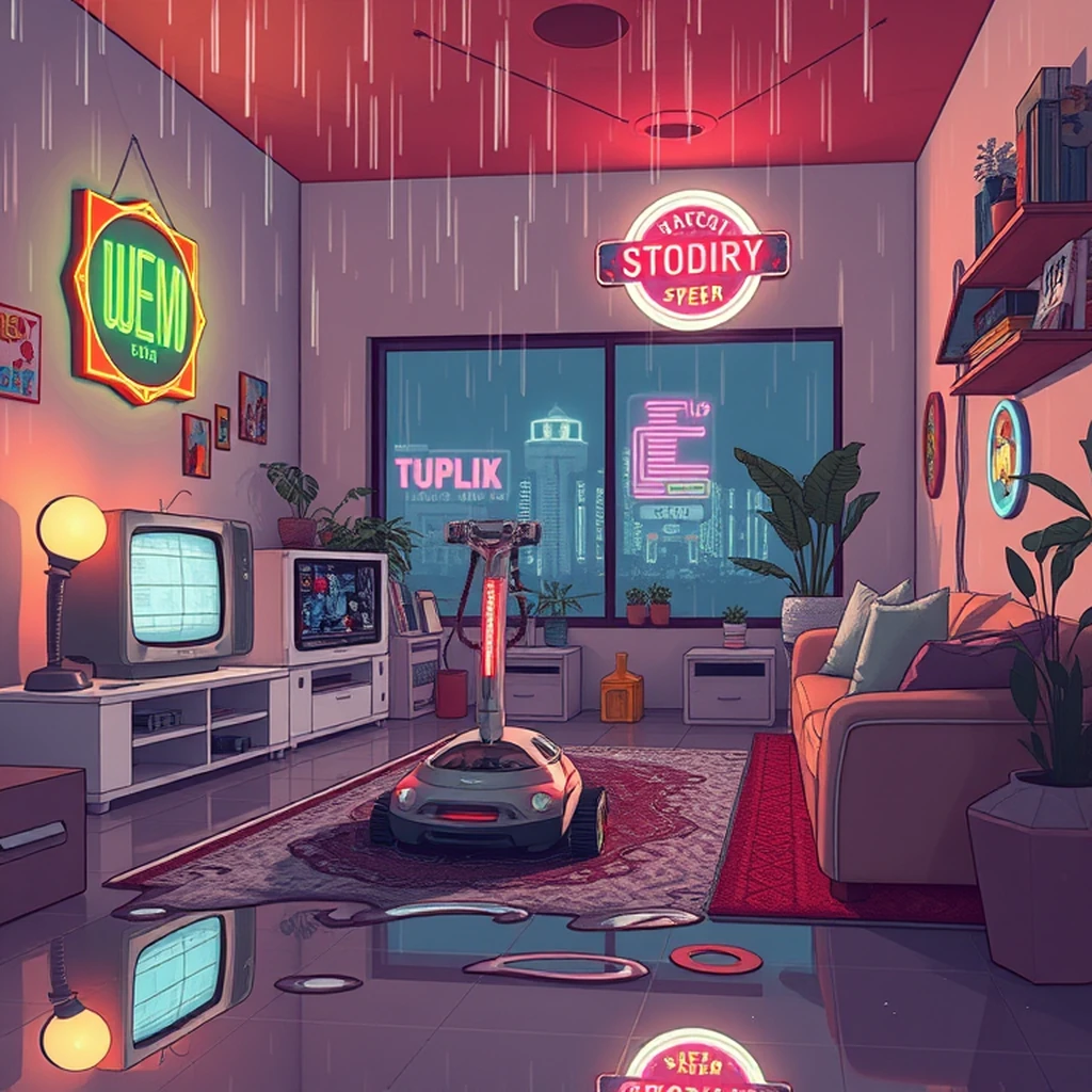 Image A of the puzzle: retro scifi living room from the 1980s with video phone and robot vacuum