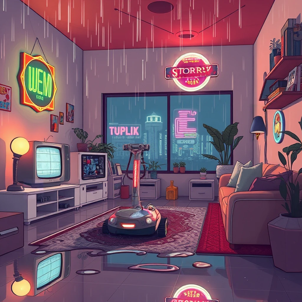 Image B of the puzzle: retro scifi living room from the 1980s with video phone and robot vacuum