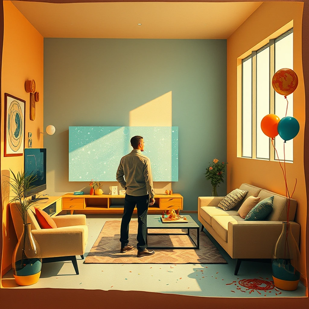 Image A of the puzzle: retro scifi living room of the year 2050 with interactive holograms