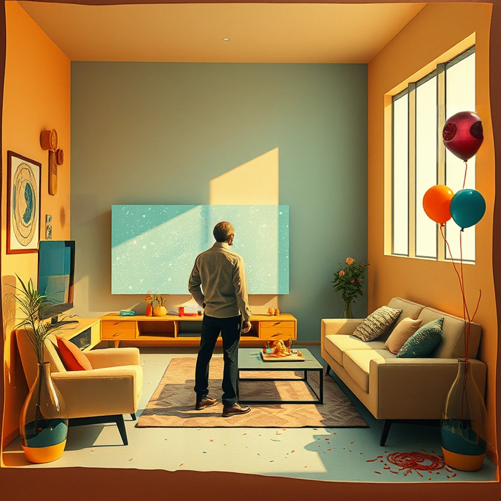 Image B of the puzzle: retro scifi living room of the year 2050 with interactive holograms