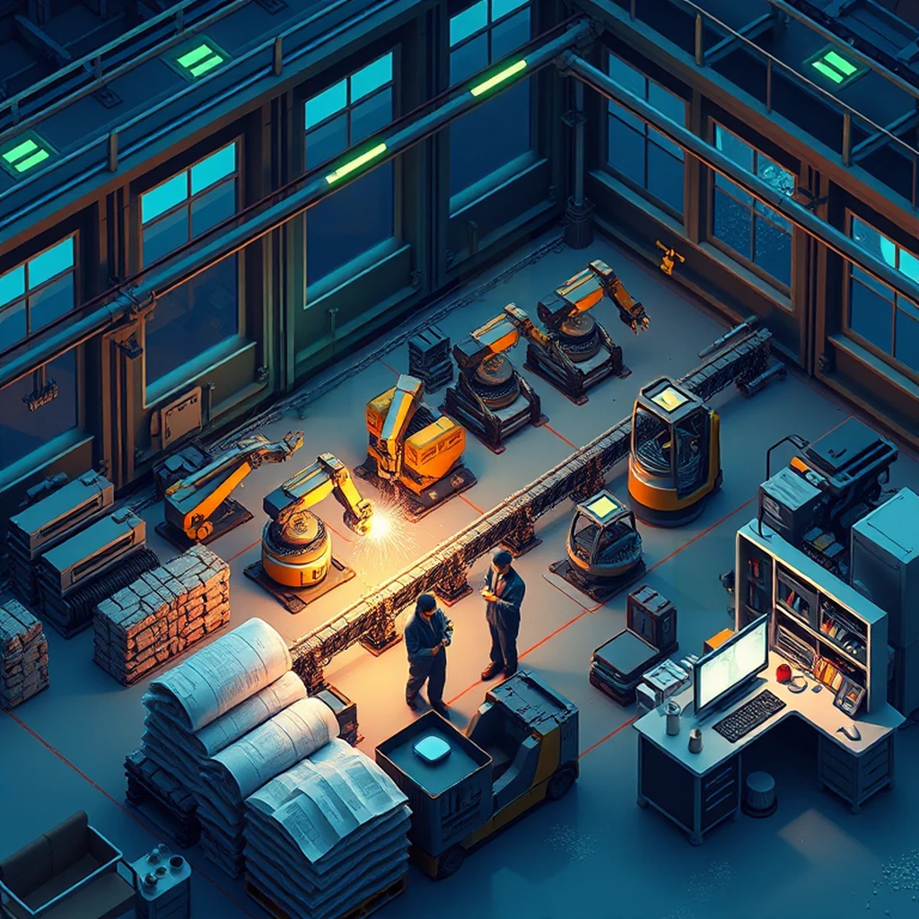 Image B of the puzzle: Robot factory assembly line with sparks and overhead conveyor arms