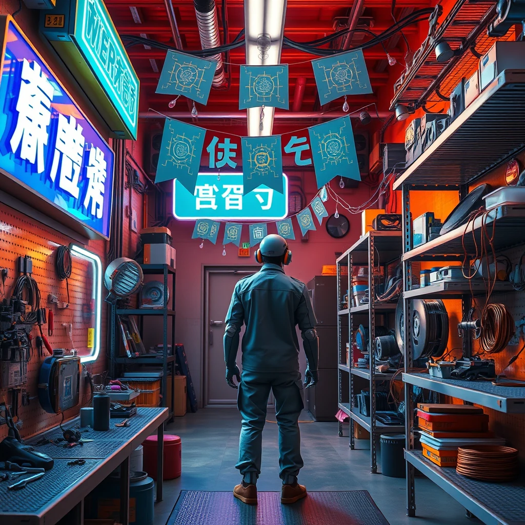 Image A of the puzzle: robotic repair shop in neon-lit alley with sparkling circuits and crystal tools