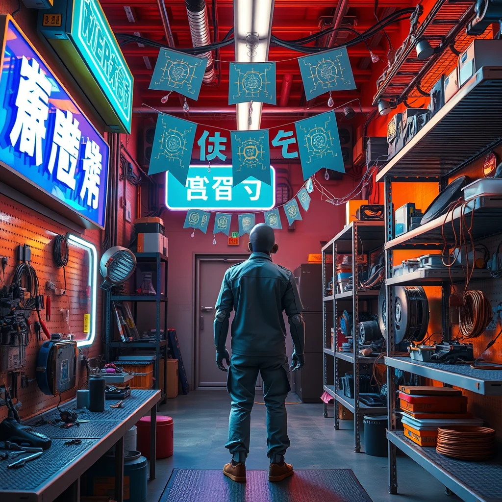 Image B of the puzzle: robotic repair shop in neon-lit alley with sparkling circuits and crystal tools
