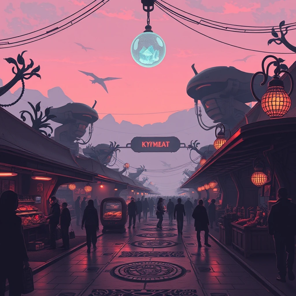 Image A of the puzzle: scifi alien market on distant planet with exotic wares and hovering carts