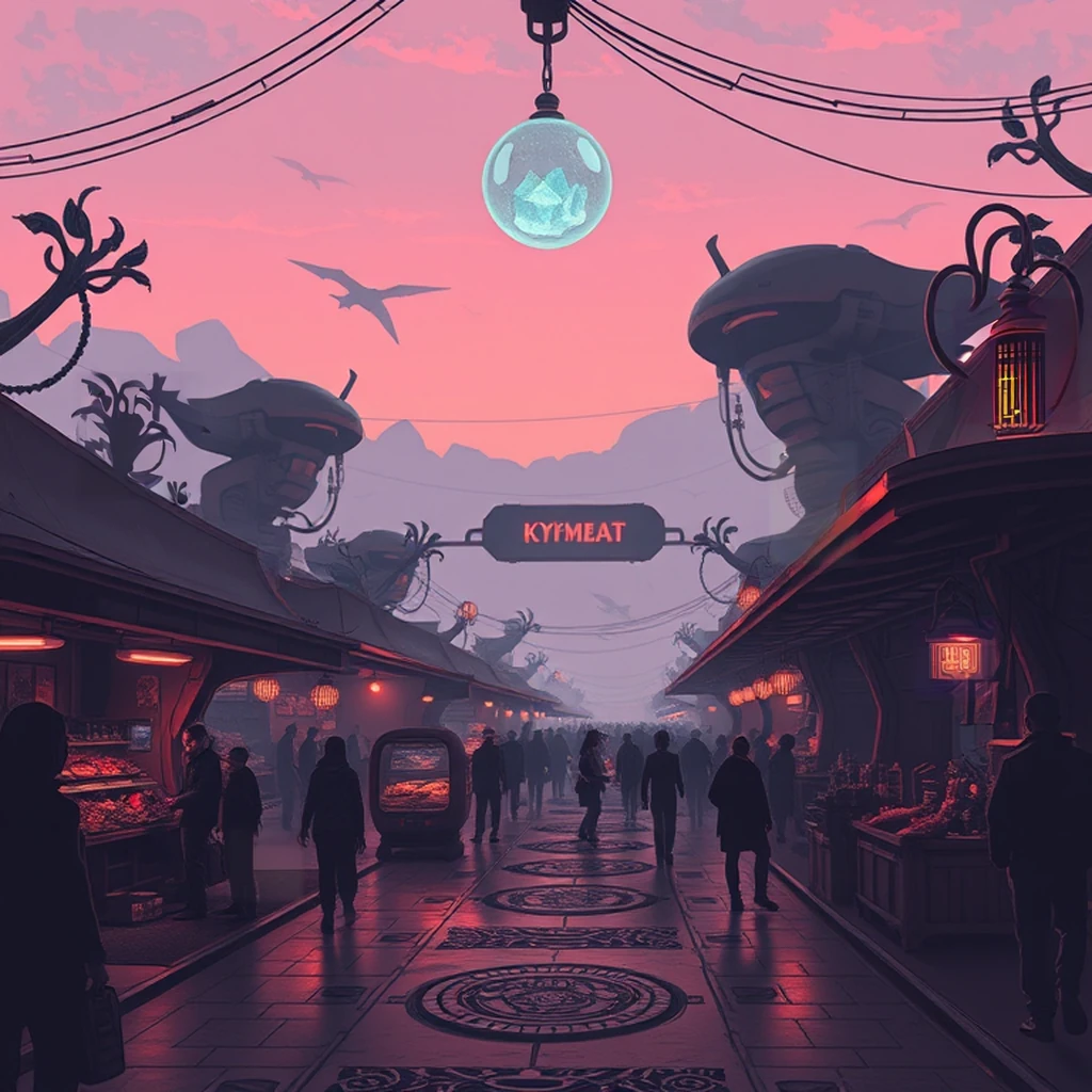 Image B of the puzzle: scifi alien market on distant planet with exotic wares and hovering carts