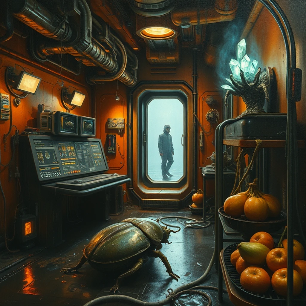Image A of the puzzle: scifi alien spacecraft interior with strange artifacts
