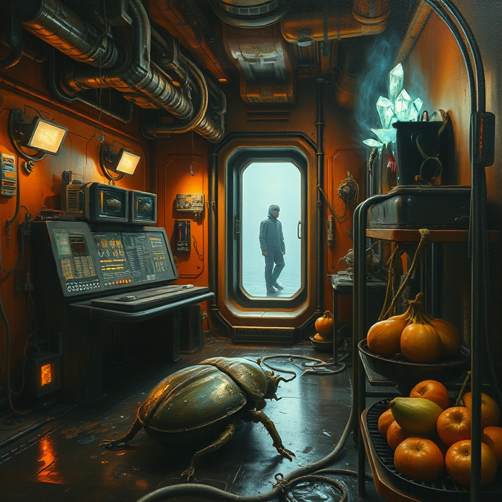 Image B of the puzzle: scifi alien spacecraft interior with strange artifacts