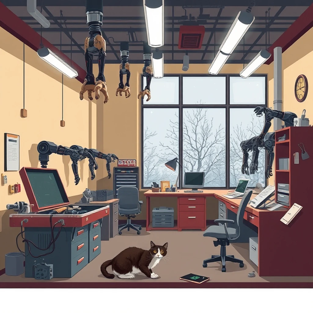 Image A of the puzzle: scifi android repair workshop with robotic limbs