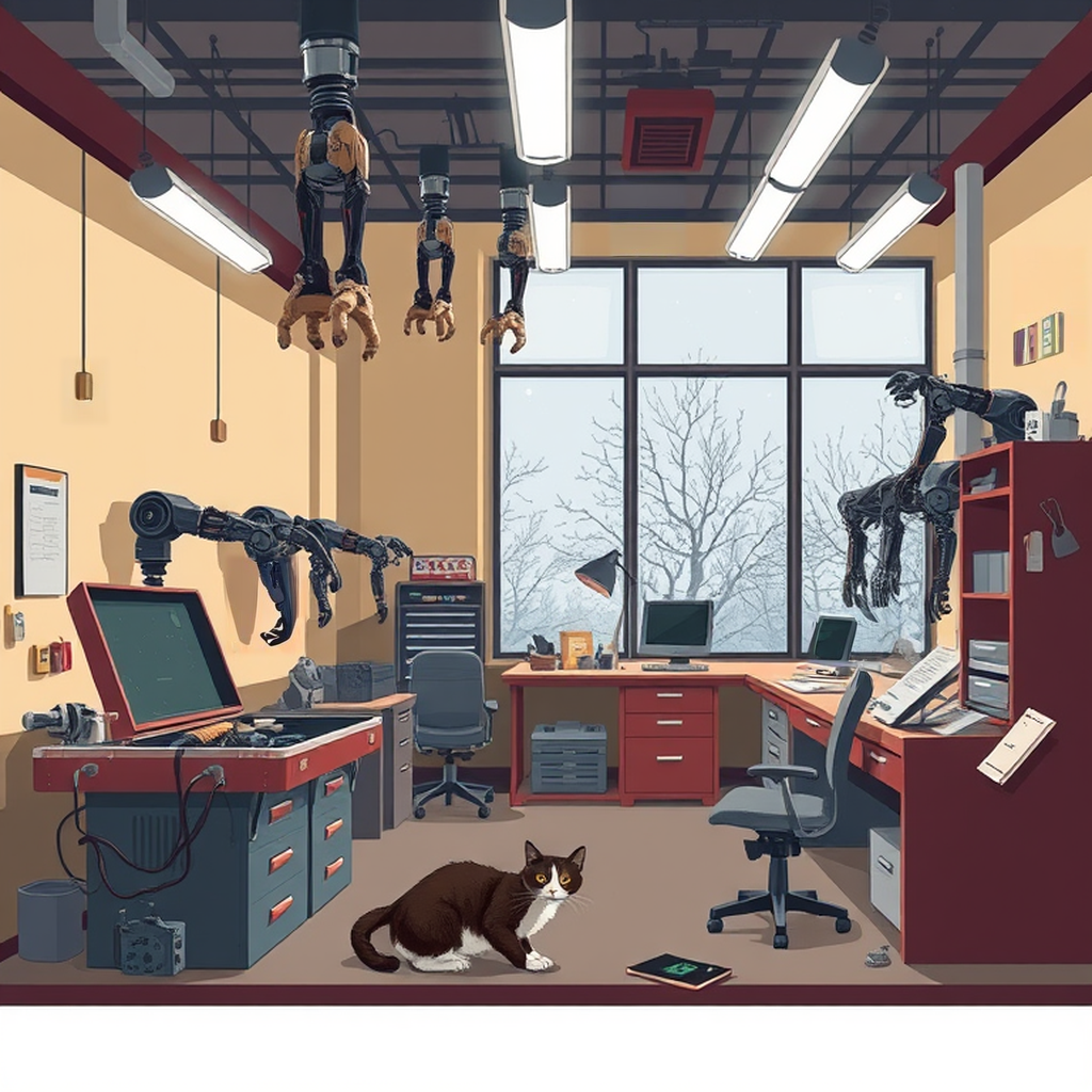 Image B of the puzzle: scifi android repair workshop with robotic limbs