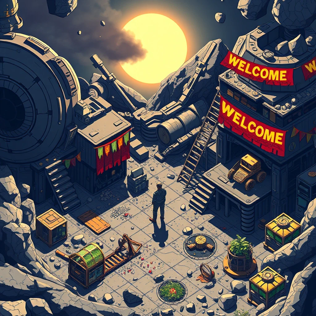 Image A of the puzzle: scifi deep space mining colony with asteroid fragments