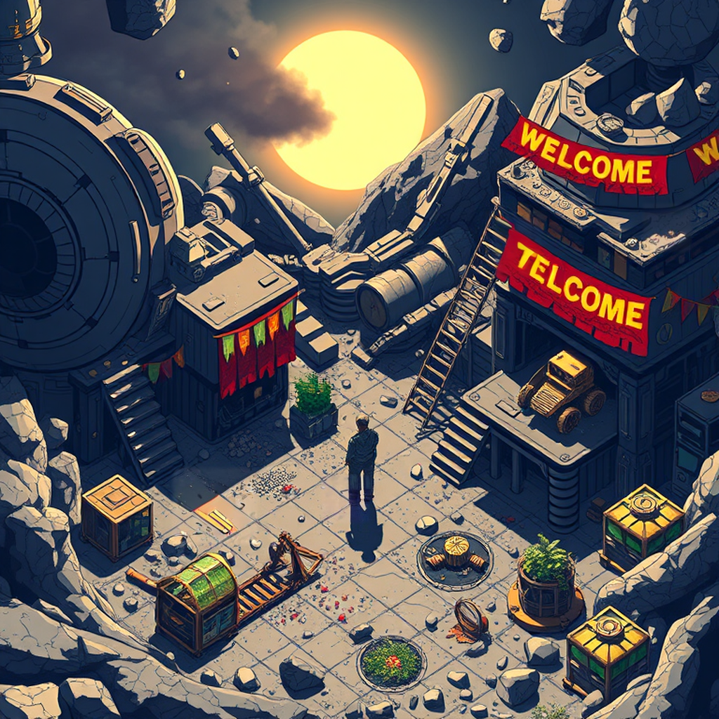 Image B of the puzzle: scifi deep space mining colony with asteroid fragments