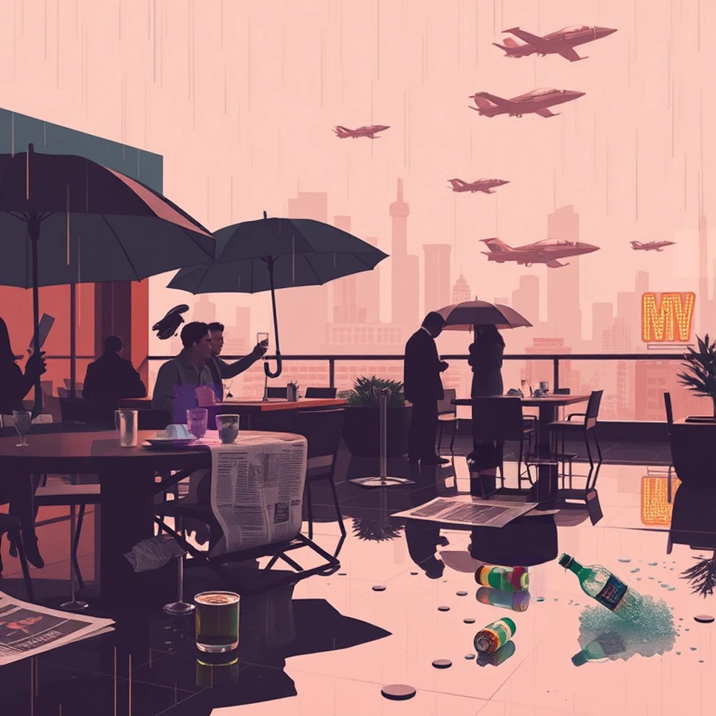 Image B of the puzzle: scifi future city rooftop bar with flying cars visible