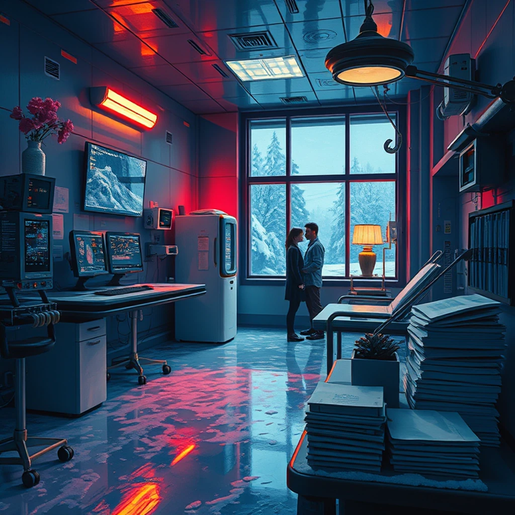 Image A of the puzzle: scifi future hospital emergency room with robotic nurses
