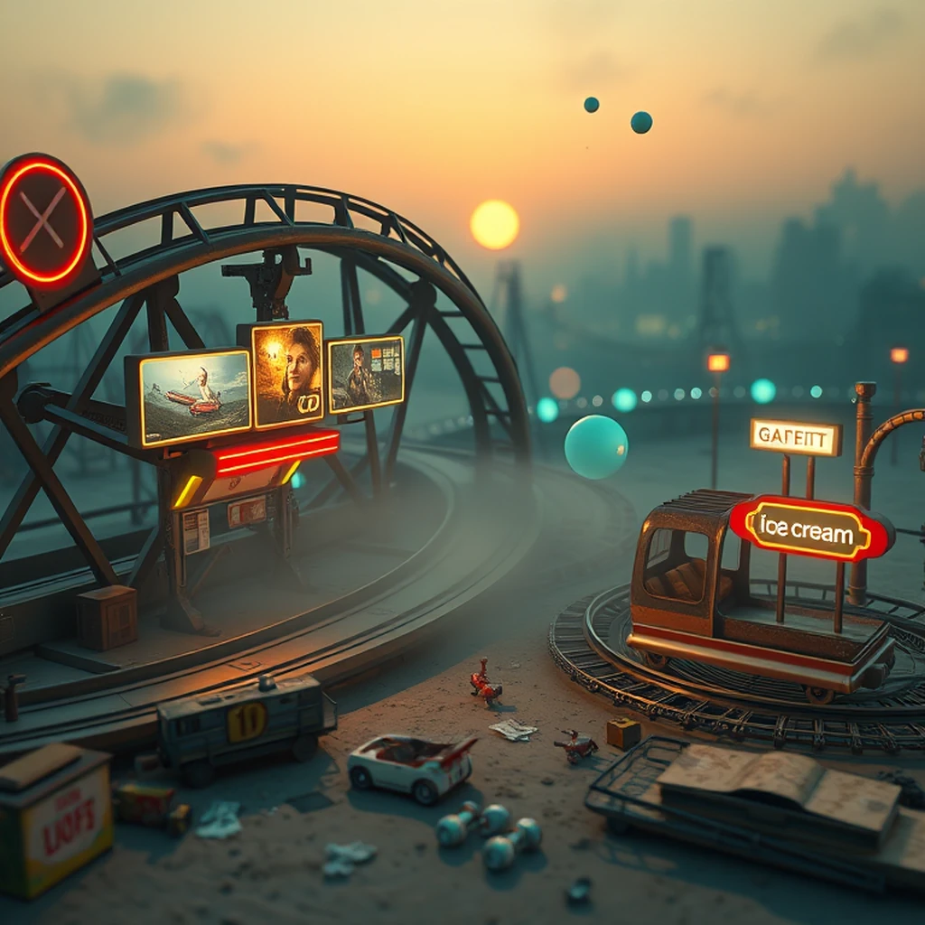 Image A of the puzzle: scifi futuristic amusement park ride with magnetic tracks