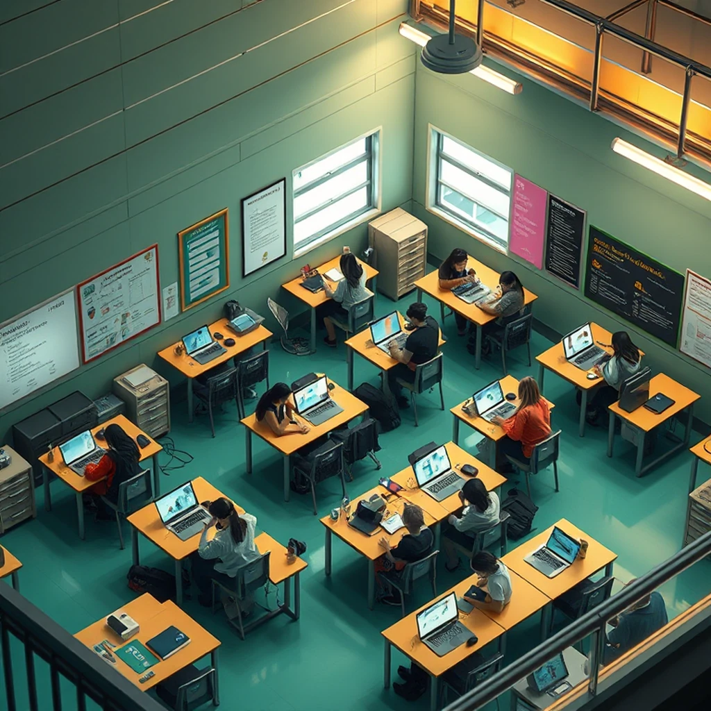 Image A of the puzzle: scifi futuristic high school classroom with virtual screens