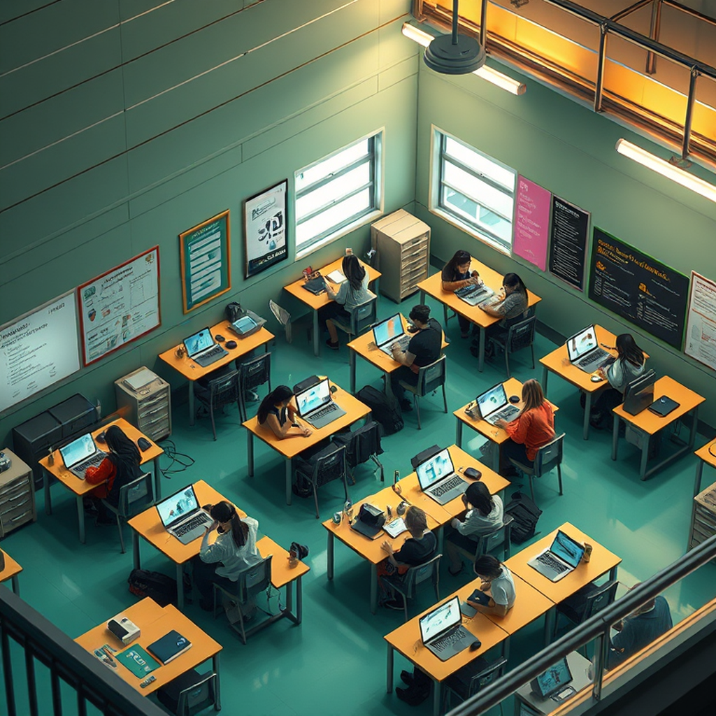 Image B of the puzzle: scifi futuristic high school classroom with virtual screens