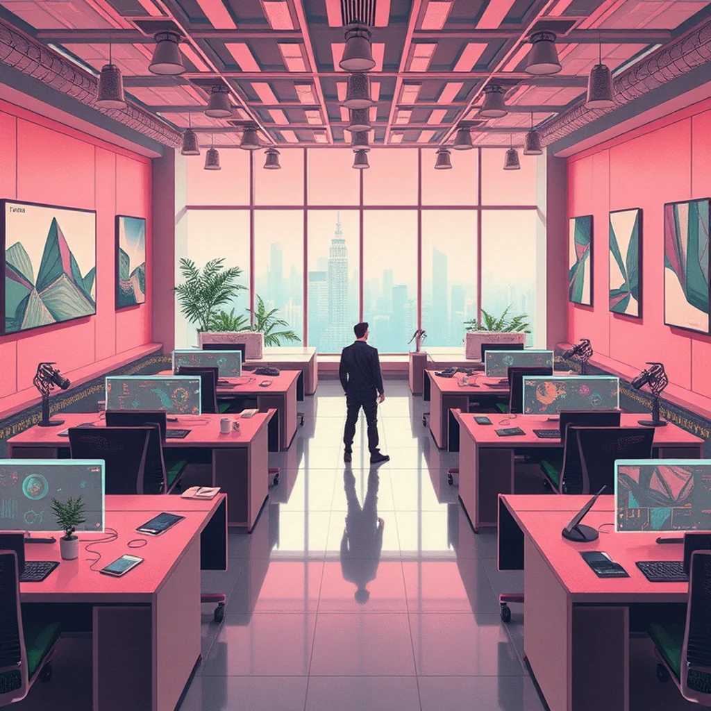 Image A of the puzzle: scifi high-tech corporate office with hologram meetings