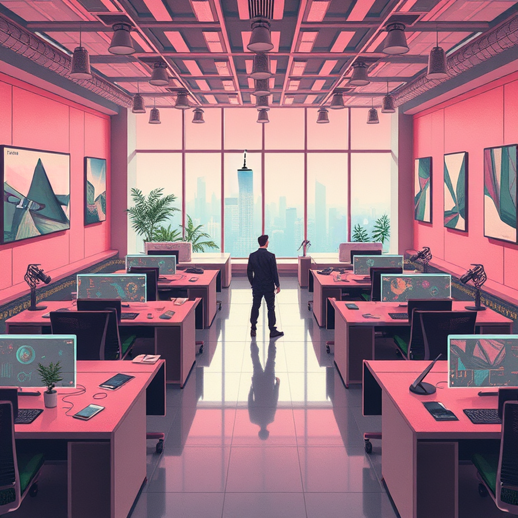 Image B of the puzzle: scifi high-tech corporate office with hologram meetings