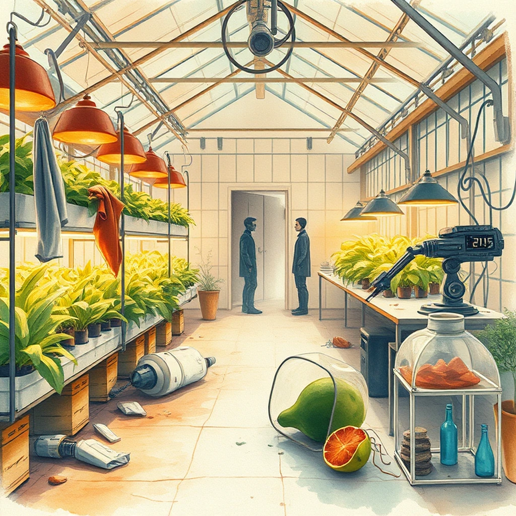 Image A of the puzzle: scifi lunar colony greenhouse with hydroponics and alien plant species