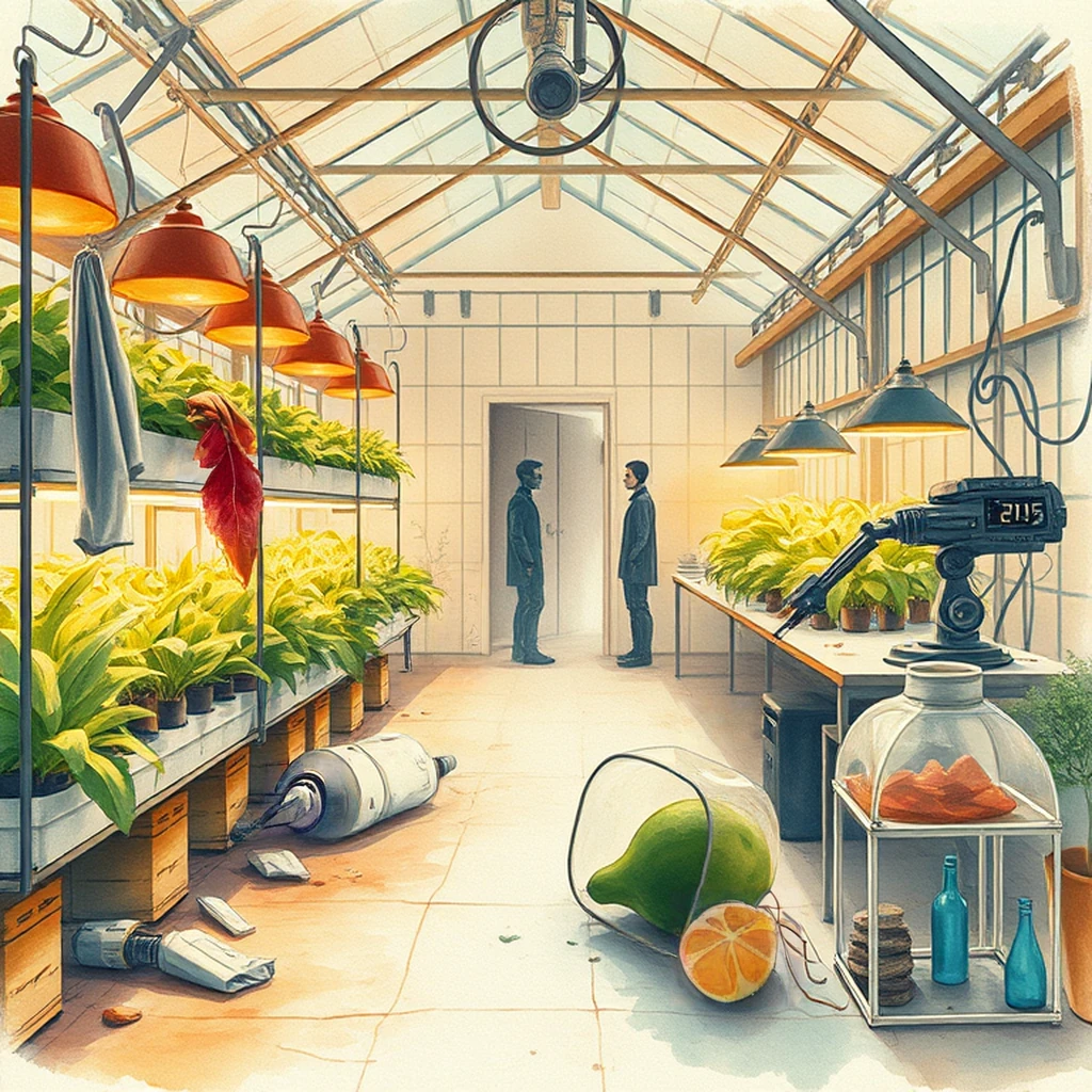 Image B of the puzzle: scifi lunar colony greenhouse with hydroponics and alien plant species