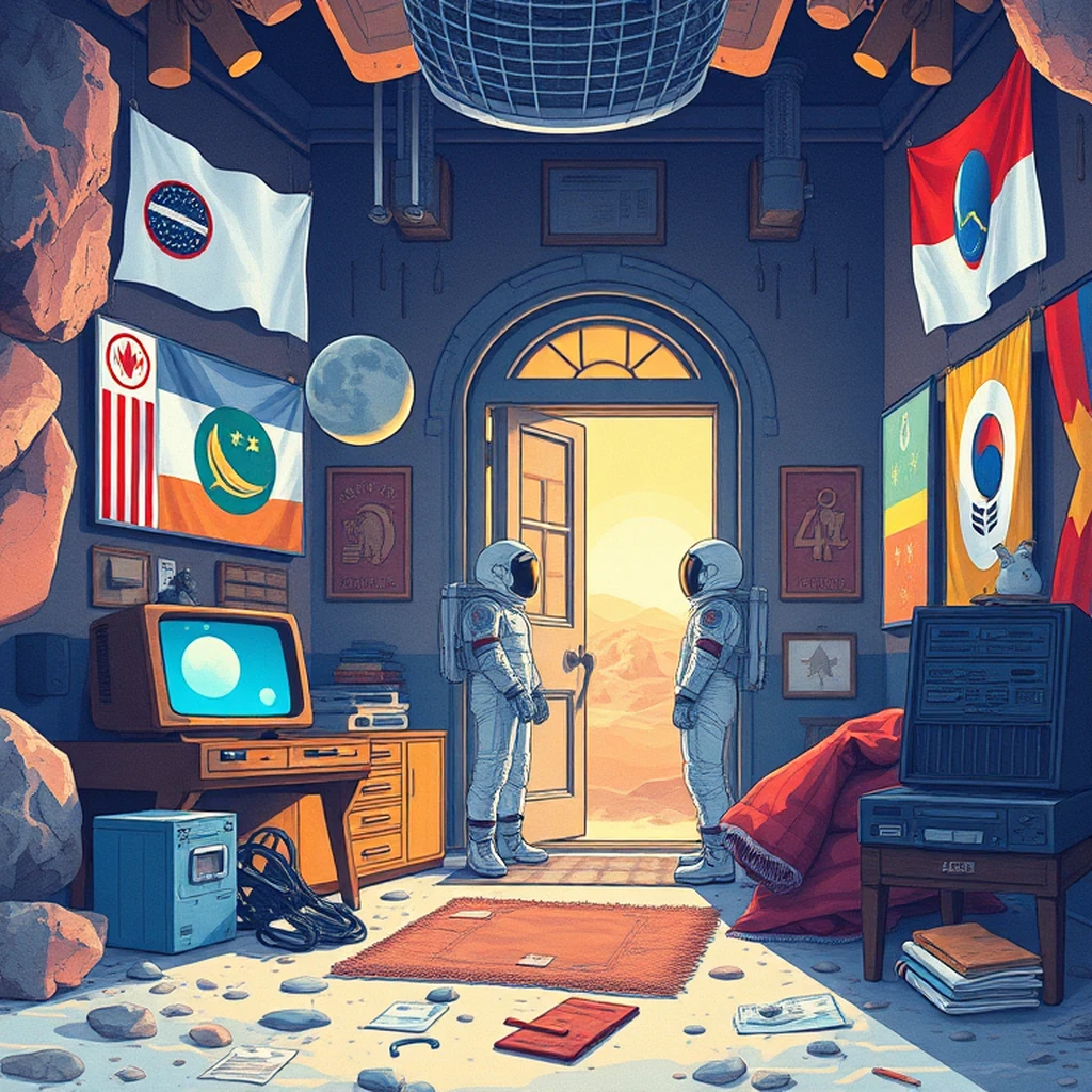 Image A of the puzzle: scifi lunar colony living quarters with moon rocks and flags