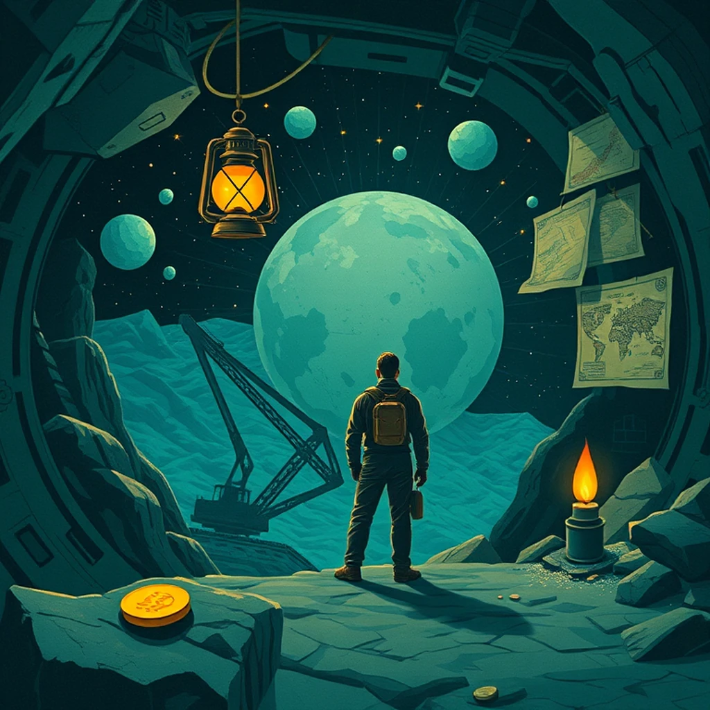 Image A of the puzzle: scifi orbiting asteroid mining colony with excavators