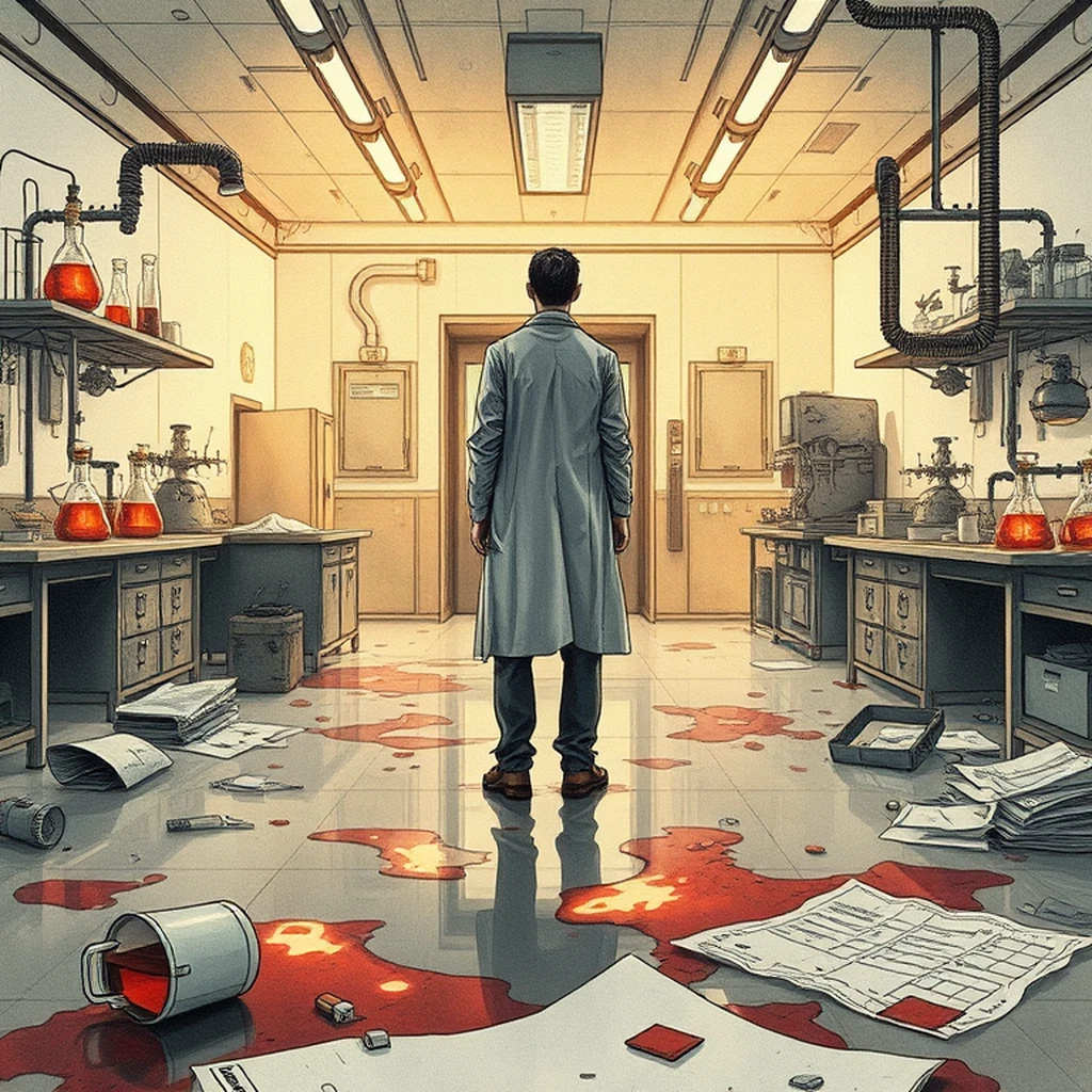 Image A of the puzzle: scifi research lab with floating test tubes and glowing beakers