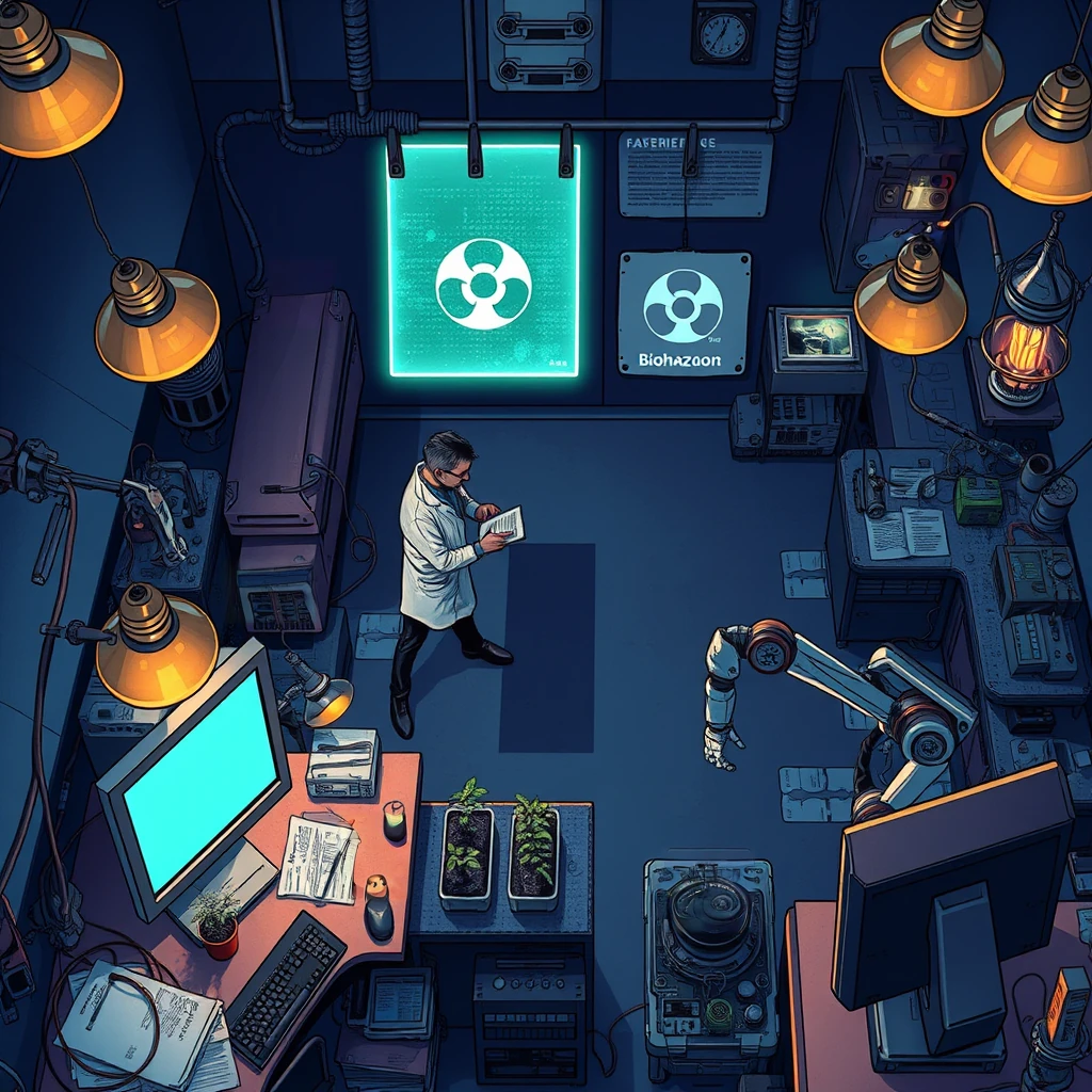 Image B of the puzzle: Scifi research lab with glowing biohazard signs