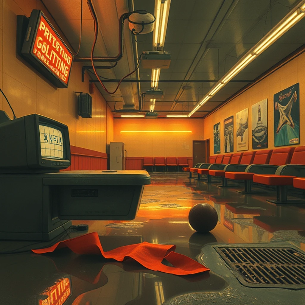 Image A of the puzzle: scifi retro-futuristic bowling alley with neon lights
