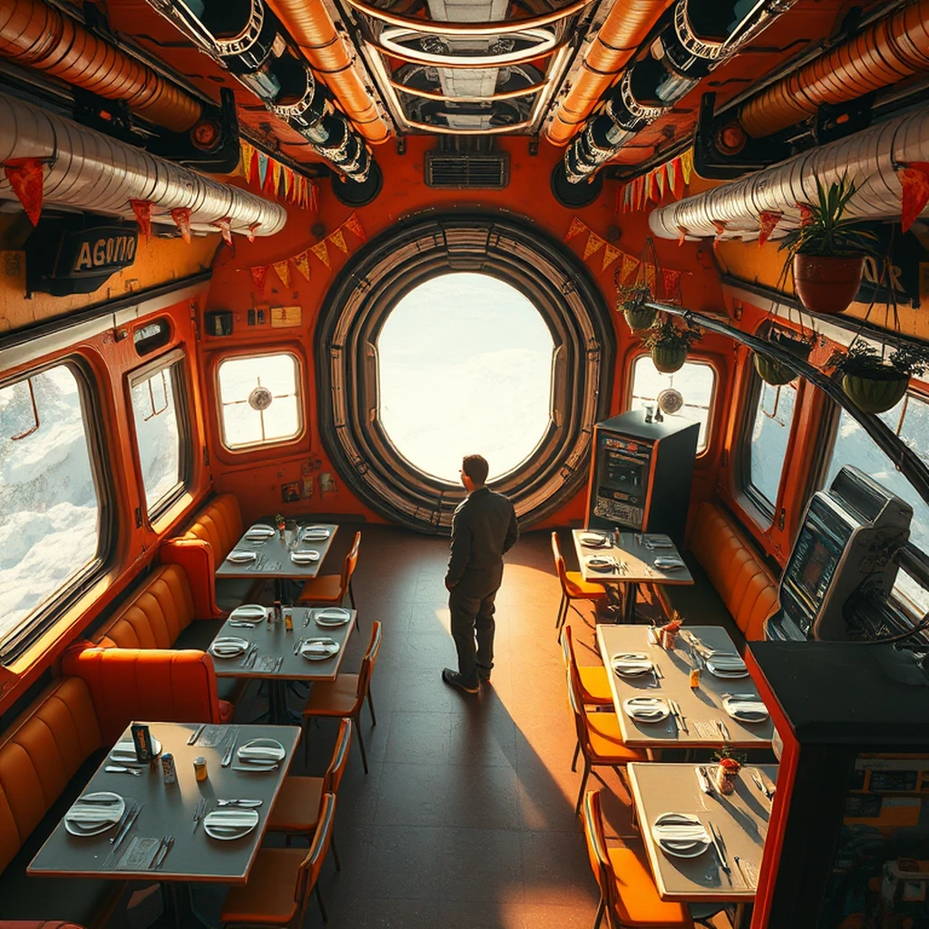 Image A of the puzzle: scifi retro-futuristic diner inside a spacecraft