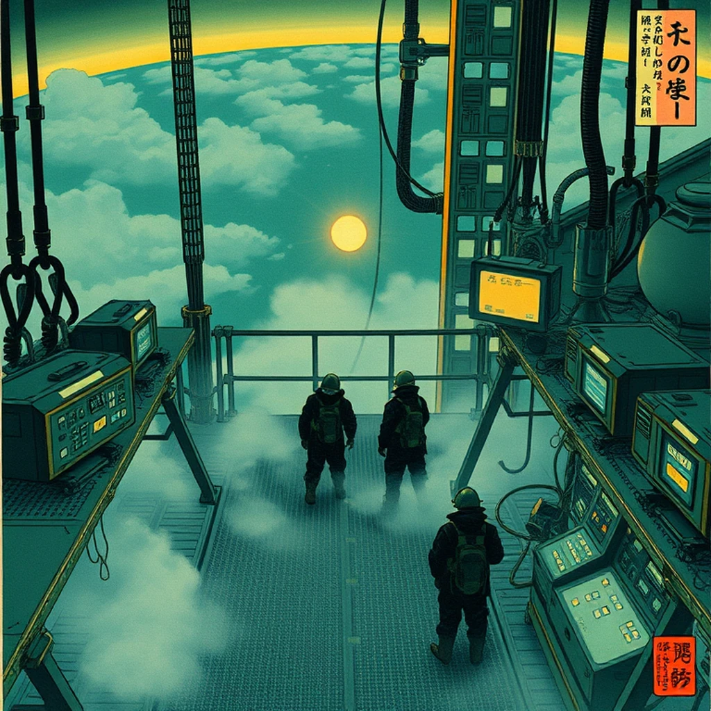 Image A of the puzzle: scifi space elevator maintenance platform high above earth