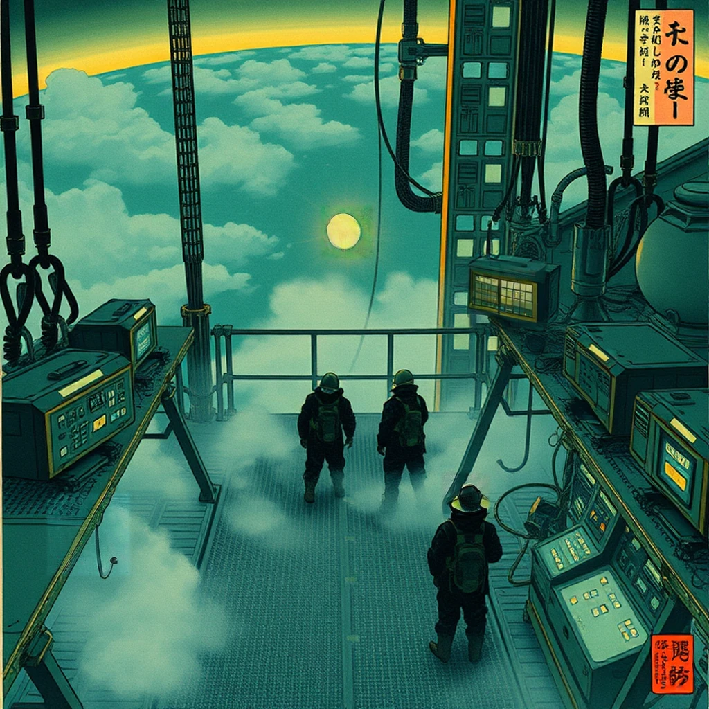 Image B of the puzzle: scifi space elevator maintenance platform high above earth