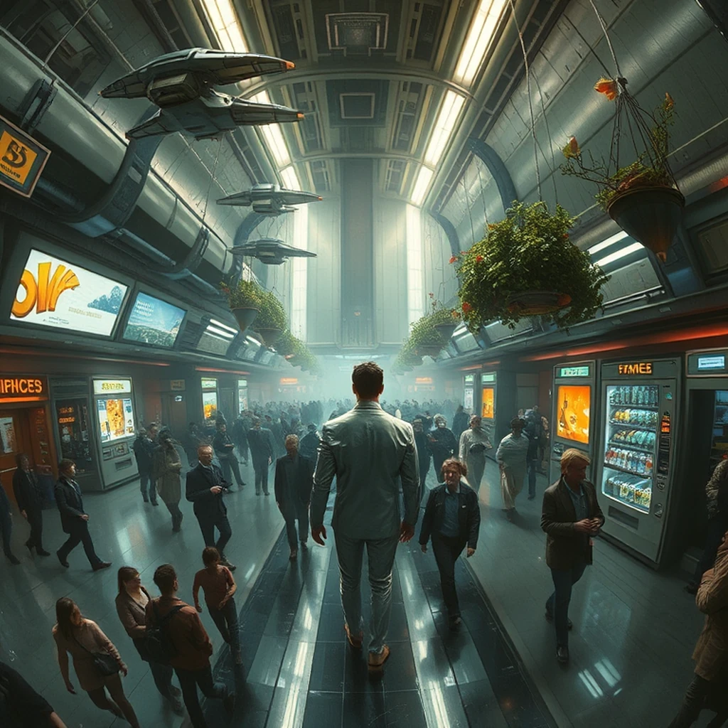 Image A of the puzzle: scifi space elevator terminal station with glass floor