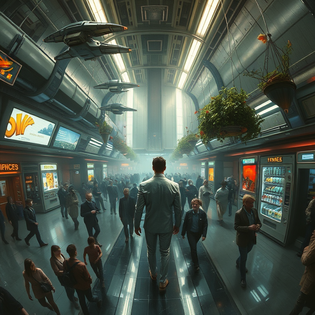 Image B of the puzzle: scifi space elevator terminal station with glass floor