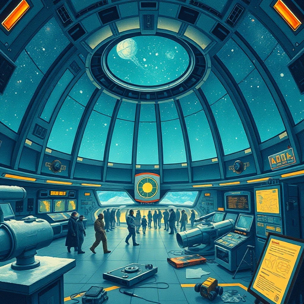 Image A of the puzzle: scifi space station observatory with telescopes and star maps