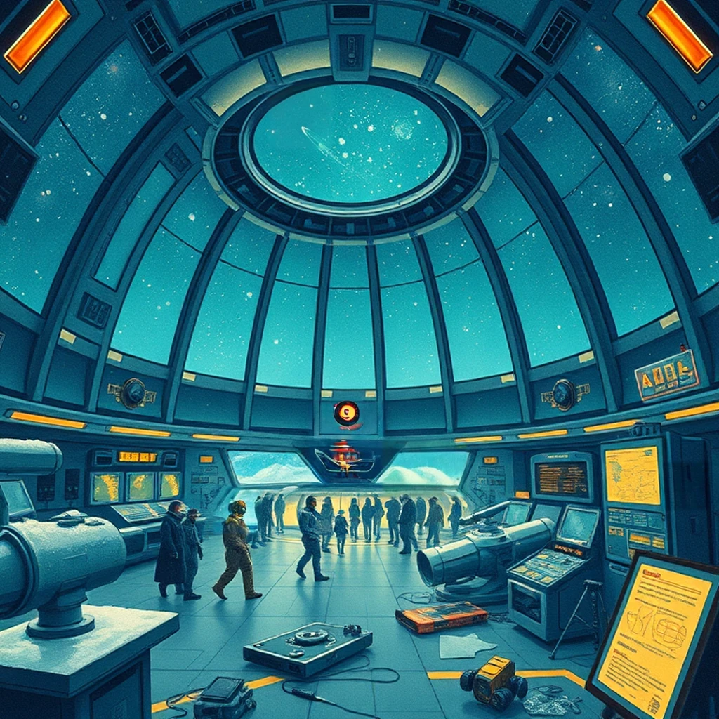 Image B of the puzzle: scifi space station observatory with telescopes and star maps